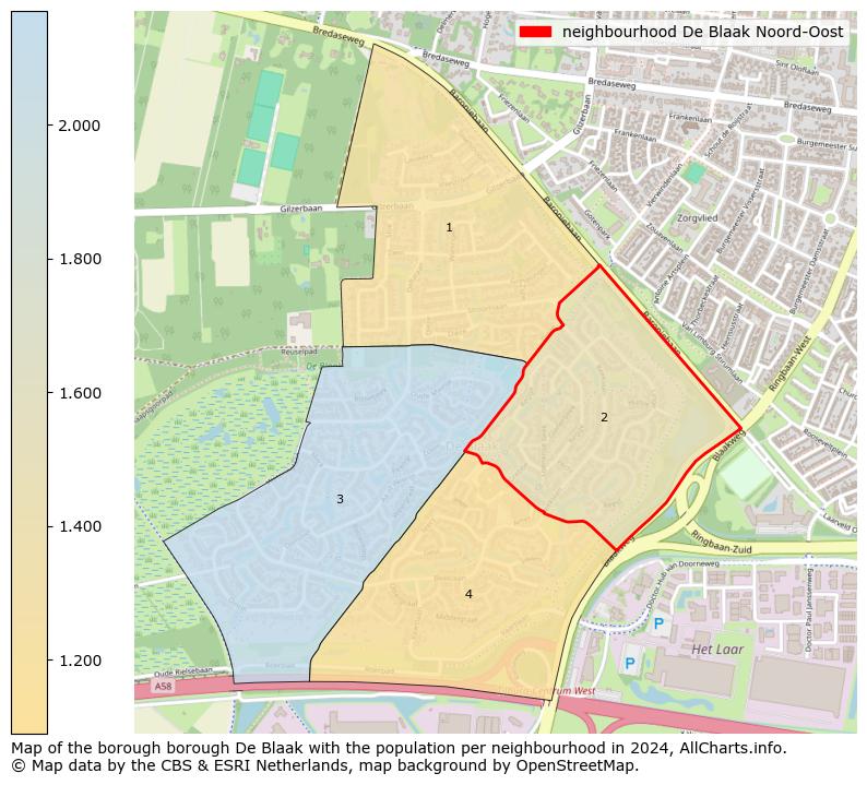 Image of the neighbourhood De Blaak Noord-Oost at the map. This image is used as introduction to this page. This page shows a lot of information about the population in the neighbourhood De Blaak Noord-Oost (such as the distribution by age groups of the residents, the composition of households, whether inhabitants are natives or Dutch with an immigration background, data about the houses (numbers, types, price development, use, type of property, ...) and more (car ownership, energy consumption, ...) based on open data from the Dutch Central Bureau of Statistics and various other sources!