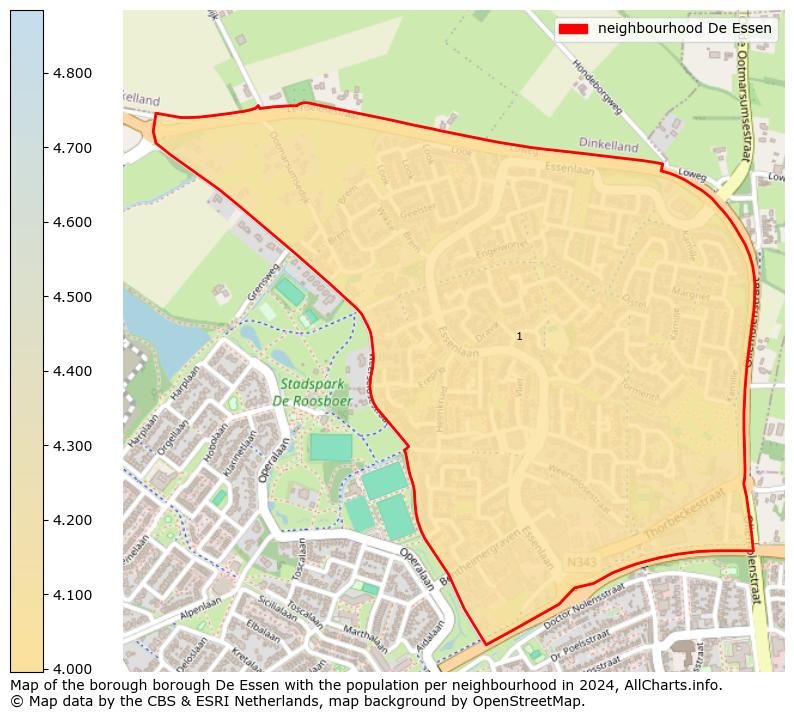 Image of the neighbourhood De Essen at the map. This image is used as introduction to this page. This page shows a lot of information about the population in the neighbourhood De Essen (such as the distribution by age groups of the residents, the composition of households, whether inhabitants are natives or Dutch with an immigration background, data about the houses (numbers, types, price development, use, type of property, ...) and more (car ownership, energy consumption, ...) based on open data from the Dutch Central Bureau of Statistics and various other sources!