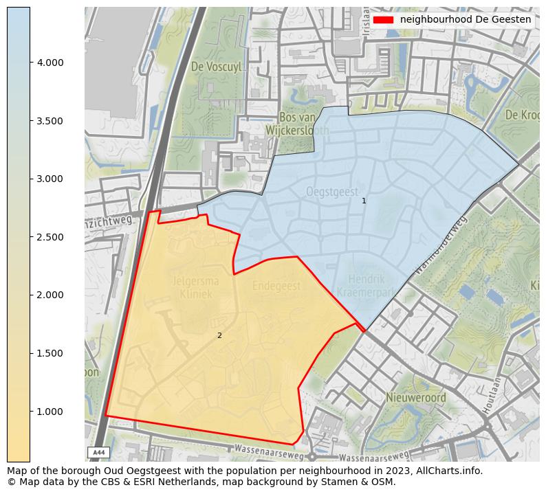 Map of the borough Oud Oegstgeest with the population per neighbourhood in 2023. This page shows a lot of information about residents (such as the distribution by age groups, family composition, gender, native or Dutch with an immigration background, ...), homes (numbers, types, price development, use, type of property, ...) and more (car ownership, energy consumption, ...) based on open data from the Dutch Central Bureau of Statistics and various other sources!