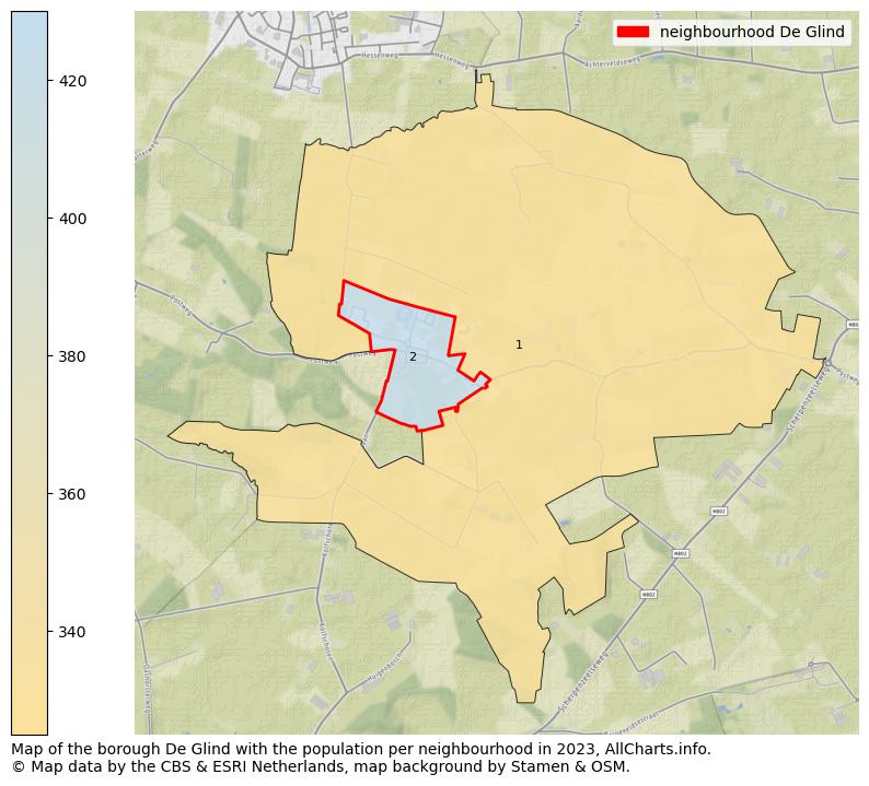 Map of the borough De Glind with the population per neighbourhood in 2023. This page shows a lot of information about residents (such as the distribution by age groups, family composition, gender, native or Dutch with an immigration background, ...), homes (numbers, types, price development, use, type of property, ...) and more (car ownership, energy consumption, ...) based on open data from the Dutch Central Bureau of Statistics and various other sources!