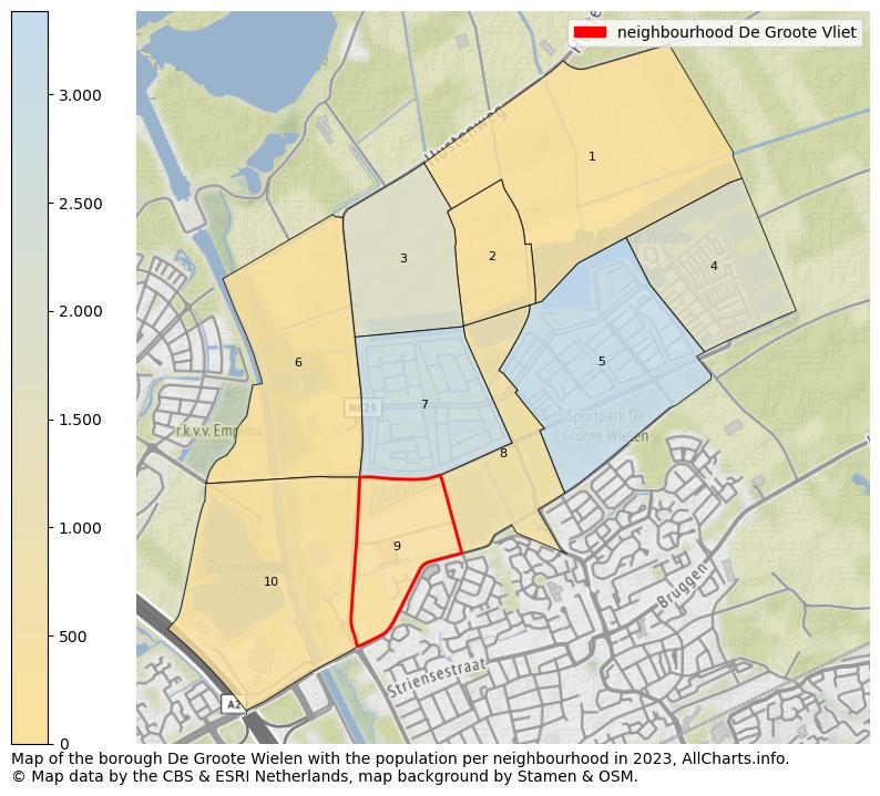 Map of the borough De Groote Wielen with the population per neighbourhood in 2023. This page shows a lot of information about residents (such as the distribution by age groups, family composition, gender, native or Dutch with an immigration background, ...), homes (numbers, types, price development, use, type of property, ...) and more (car ownership, energy consumption, ...) based on open data from the Dutch Central Bureau of Statistics and various other sources!