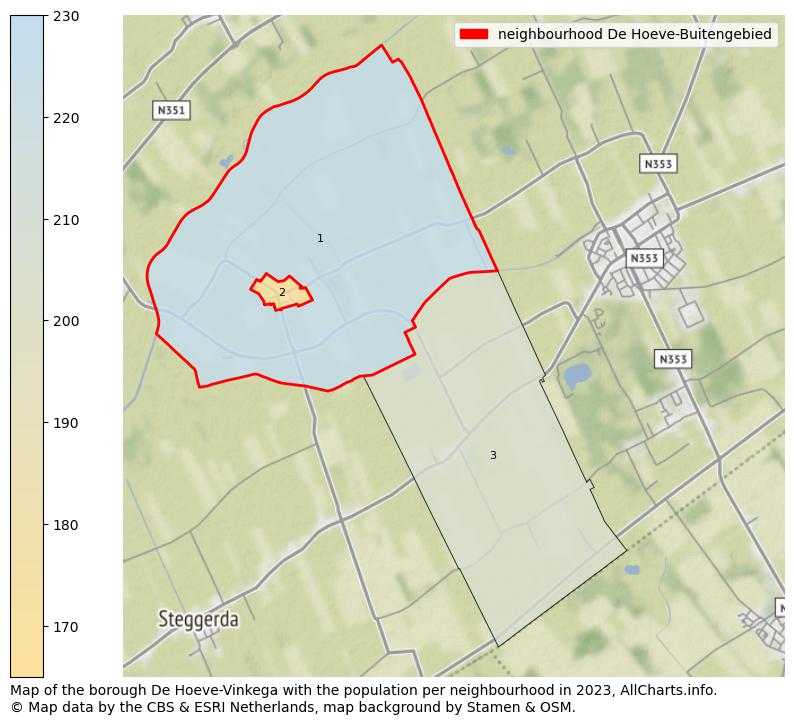 Map of the borough De Hoeve-Vinkega with the population per neighbourhood in 2023. This page shows a lot of information about residents (such as the distribution by age groups, family composition, gender, native or Dutch with an immigration background, ...), homes (numbers, types, price development, use, type of property, ...) and more (car ownership, energy consumption, ...) based on open data from the Dutch Central Bureau of Statistics and various other sources!