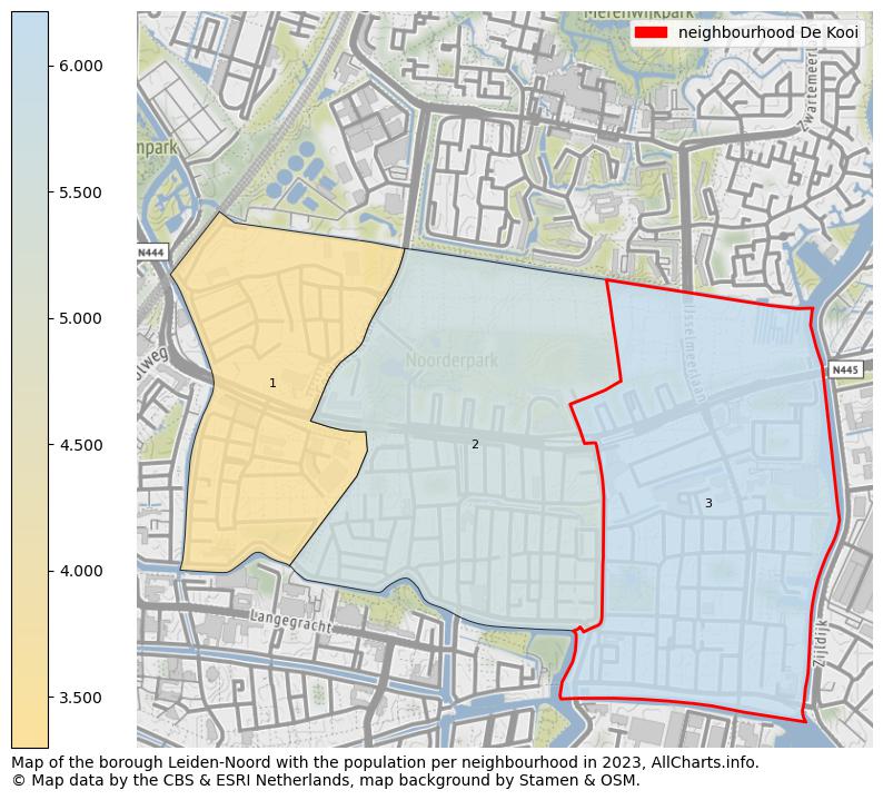 Map of the borough Leiden-Noord with the population per neighbourhood in 2023. This page shows a lot of information about residents (such as the distribution by age groups, family composition, gender, native or Dutch with an immigration background, ...), homes (numbers, types, price development, use, type of property, ...) and more (car ownership, energy consumption, ...) based on open data from the Dutch Central Bureau of Statistics and various other sources!