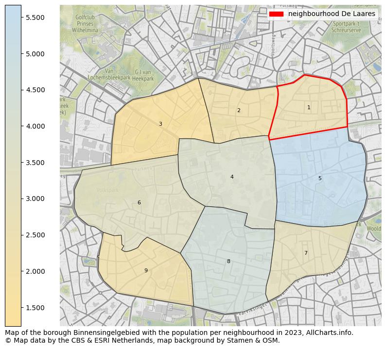 Map of the borough Binnensingelgebied with the population per neighbourhood in 2022. This page shows a lot of information about residents (such as the distribution by age groups, family composition, gender, native or Dutch with an immigration background, ...), homes (numbers, types, price development, use, type of property, ...) and more (car ownership, energy consumption, ...) based on open data from the Dutch Central Bureau of Statistics and various other sources!