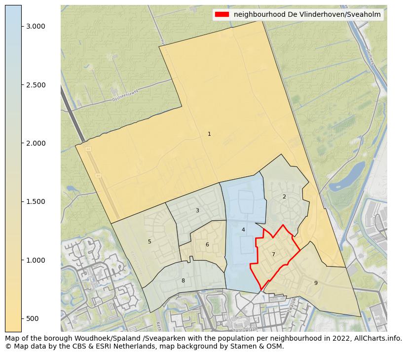 Map of the borough Woudhoek/Spaland /Sveaparken with the population per neighbourhood in 2022. This page shows a lot of information about residents (such as the distribution by age groups, family composition, gender, native or Dutch with an immigration background, ...), homes (numbers, types, price development, use, type of property, ...) and more (car ownership, energy consumption, ...) based on open data from the Dutch Central Bureau of Statistics and various other sources!