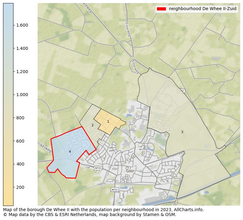 Map of the borough De Whee II with the population per neighbourhood in 2023. This page shows a lot of information about residents (such as the distribution by age groups, family composition, gender, native or Dutch with an immigration background, ...), homes (numbers, types, price development, use, type of property, ...) and more (car ownership, energy consumption, ...) based on open data from the Dutch Central Bureau of Statistics and various other sources!