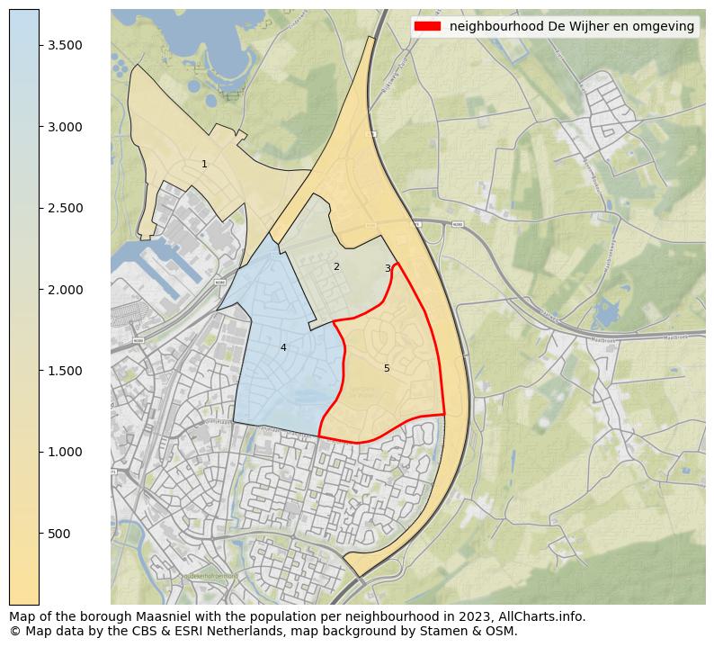 Map of the borough Maasniel with the population per neighbourhood in 2023. This page shows a lot of information about residents (such as the distribution by age groups, family composition, gender, native or Dutch with an immigration background, ...), homes (numbers, types, price development, use, type of property, ...) and more (car ownership, energy consumption, ...) based on open data from the Dutch Central Bureau of Statistics and various other sources!