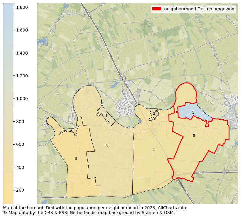 Map of the borough Deil with the population per neighbourhood in 2022. This page shows a lot of information about residents (such as the distribution by age groups, family composition, gender, native or Dutch with an immigration background, ...), homes (numbers, types, price development, use, type of property, ...) and more (car ownership, energy consumption, ...) based on open data from the Dutch Central Bureau of Statistics and various other sources!