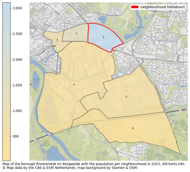 Map of the borough Rivierenwijk en Bergweide with the population per neighbourhood in 2023. This page shows a lot of information about residents (such as the distribution by age groups, family composition, gender, native or Dutch with an immigration background, ...), homes (numbers, types, price development, use, type of property, ...) and more (car ownership, energy consumption, ...) based on open data from the Dutch Central Bureau of Statistics and various other sources!