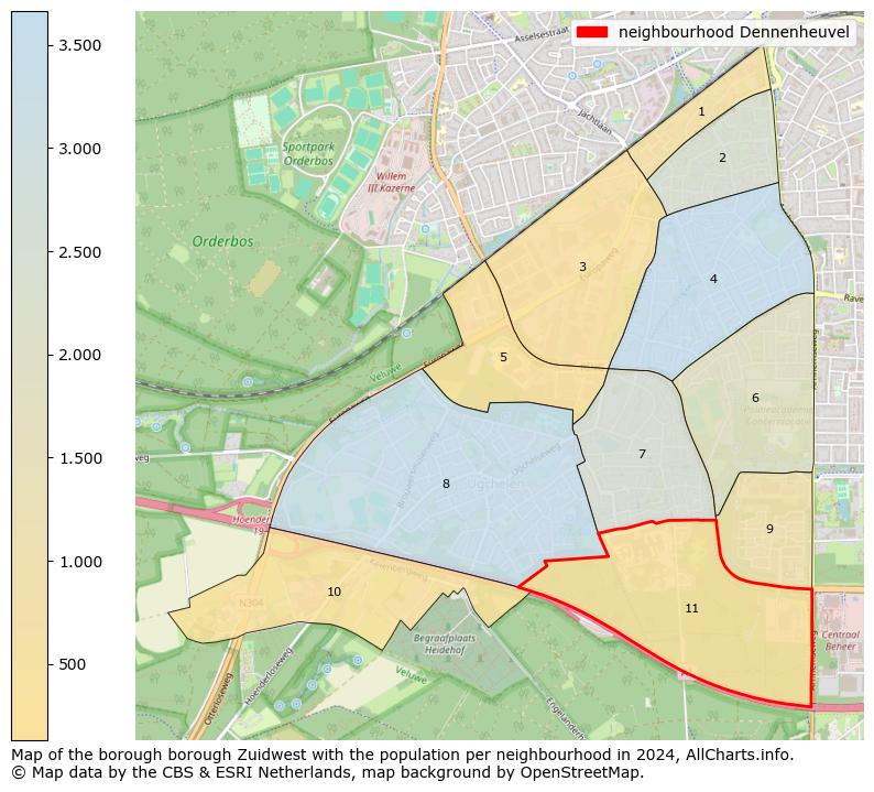 Image of the neighbourhood Dennenheuvel at the map. This image is used as introduction to this page. This page shows a lot of information about the population in the neighbourhood Dennenheuvel (such as the distribution by age groups of the residents, the composition of households, whether inhabitants are natives or Dutch with an immigration background, data about the houses (numbers, types, price development, use, type of property, ...) and more (car ownership, energy consumption, ...) based on open data from the Dutch Central Bureau of Statistics and various other sources!