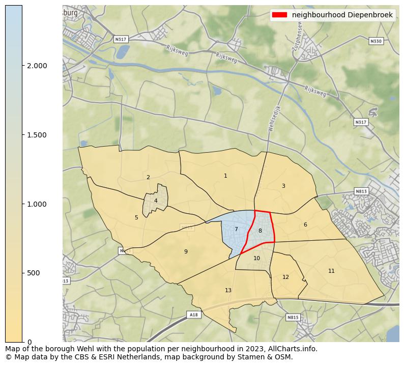 Map of the borough Wehl with the population per neighbourhood in 2023. This page shows a lot of information about residents (such as the distribution by age groups, family composition, gender, native or Dutch with an immigration background, ...), homes (numbers, types, price development, use, type of property, ...) and more (car ownership, energy consumption, ...) based on open data from the Dutch Central Bureau of Statistics and various other sources!