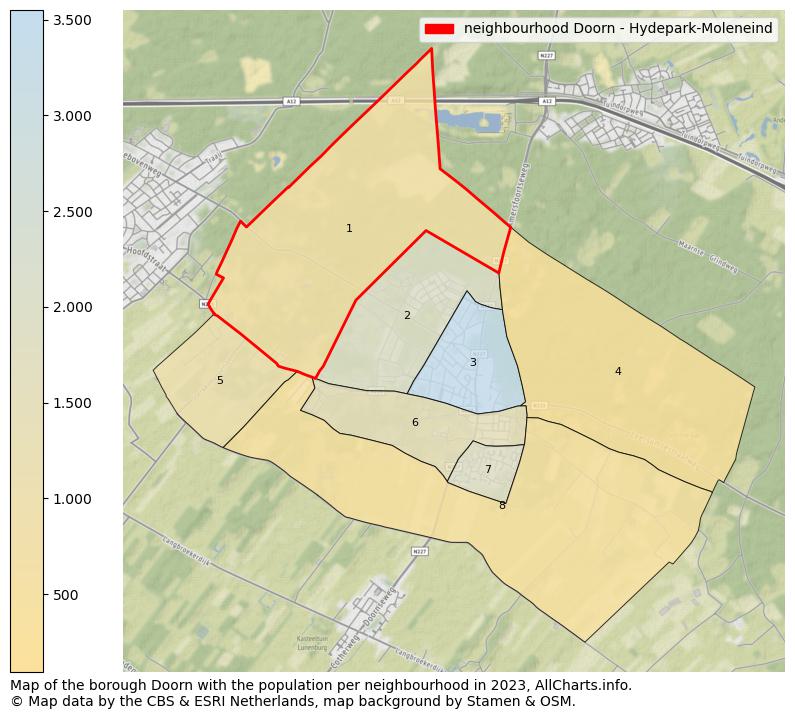 Map of the borough Doorn with the population per neighbourhood in 2023. This page shows a lot of information about residents (such as the distribution by age groups, family composition, gender, native or Dutch with an immigration background, ...), homes (numbers, types, price development, use, type of property, ...) and more (car ownership, energy consumption, ...) based on open data from the Dutch Central Bureau of Statistics and various other sources!