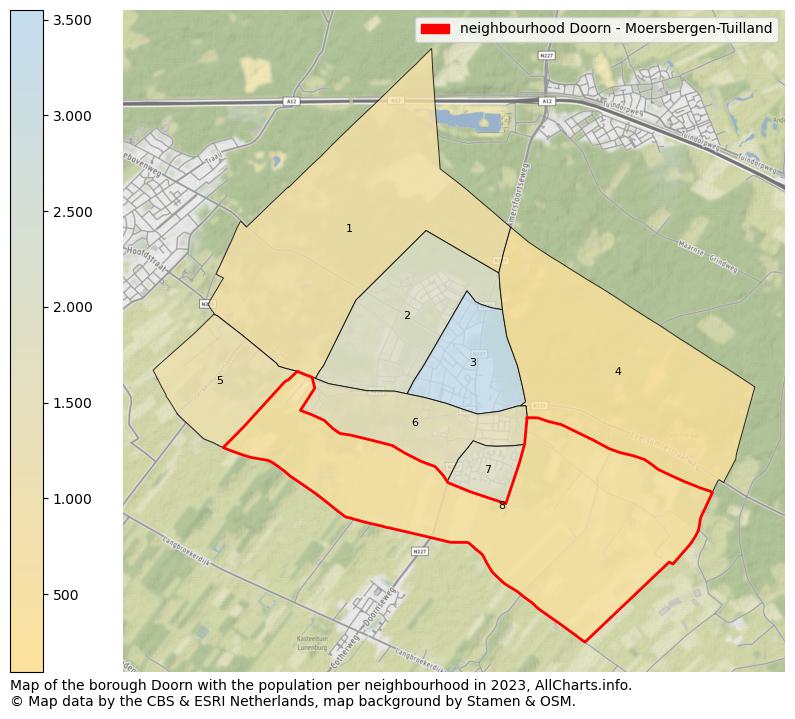 Map of the borough Doorn with the population per neighbourhood in 2023. This page shows a lot of information about residents (such as the distribution by age groups, family composition, gender, native or Dutch with an immigration background, ...), homes (numbers, types, price development, use, type of property, ...) and more (car ownership, energy consumption, ...) based on open data from the Dutch Central Bureau of Statistics and various other sources!