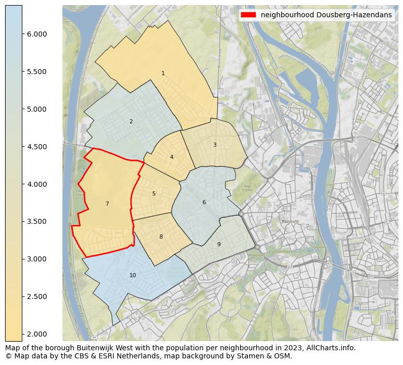 Map of the borough Buitenwijk West with the population per neighbourhood in 2022. This page shows a lot of information about residents (such as the distribution by age groups, family composition, gender, native or Dutch with an immigration background, ...), homes (numbers, types, price development, use, type of property, ...) and more (car ownership, energy consumption, ...) based on open data from the Dutch Central Bureau of Statistics and various other sources!