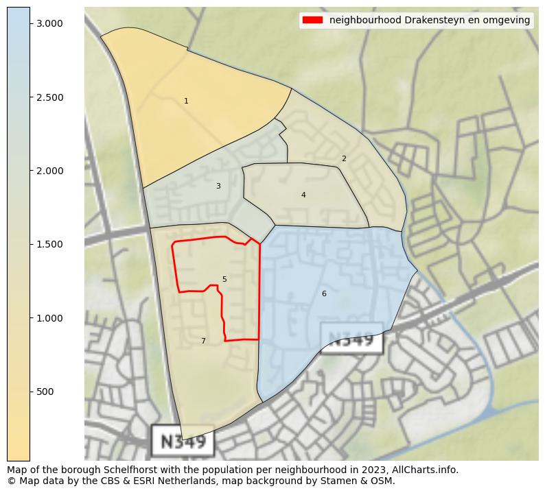 Map of the borough Schelfhorst with the population per neighbourhood in 2023. This page shows a lot of information about residents (such as the distribution by age groups, family composition, gender, native or Dutch with an immigration background, ...), homes (numbers, types, price development, use, type of property, ...) and more (car ownership, energy consumption, ...) based on open data from the Dutch Central Bureau of Statistics and various other sources!