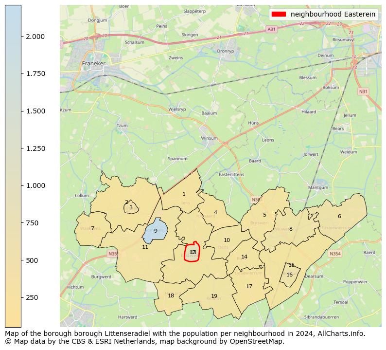 Image of the neighbourhood Easterein at the map. This image is used as introduction to this page. This page shows a lot of information about the population in the neighbourhood Easterein (such as the distribution by age groups of the residents, the composition of households, whether inhabitants are natives or Dutch with an immigration background, data about the houses (numbers, types, price development, use, type of property, ...) and more (car ownership, energy consumption, ...) based on open data from the Dutch Central Bureau of Statistics and various other sources!