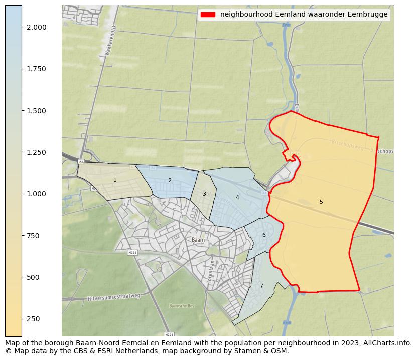 Map of the borough Baarn-Noord Eemdal en Eemland with the population per neighbourhood in 2023. This page shows a lot of information about residents (such as the distribution by age groups, family composition, gender, native or Dutch with an immigration background, ...), homes (numbers, types, price development, use, type of property, ...) and more (car ownership, energy consumption, ...) based on open data from the Dutch Central Bureau of Statistics and various other sources!
