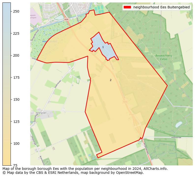 Image of the neighbourhood Ees Buitengebied at the map. This image is used as introduction to this page. This page shows a lot of information about the population in the neighbourhood Ees Buitengebied (such as the distribution by age groups of the residents, the composition of households, whether inhabitants are natives or Dutch with an immigration background, data about the houses (numbers, types, price development, use, type of property, ...) and more (car ownership, energy consumption, ...) based on open data from the Dutch Central Bureau of Statistics and various other sources!