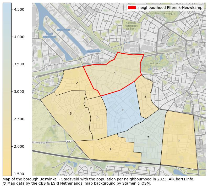 Map of the borough Boswinkel - Stadsveld with the population per neighbourhood in 2023. This page shows a lot of information about residents (such as the distribution by age groups, family composition, gender, native or Dutch with an immigration background, ...), homes (numbers, types, price development, use, type of property, ...) and more (car ownership, energy consumption, ...) based on open data from the Dutch Central Bureau of Statistics and various other sources!