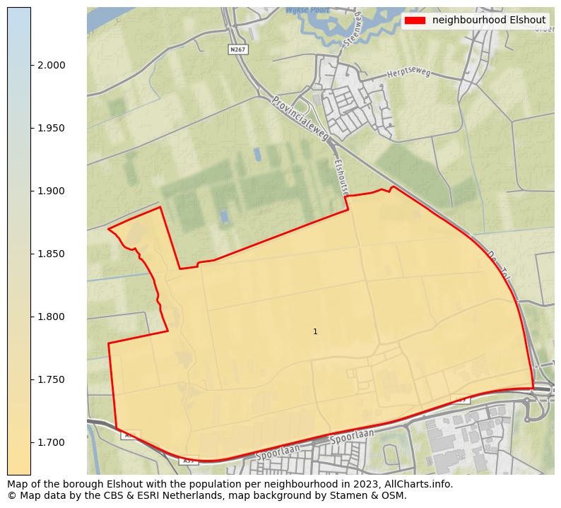 Map of the borough Elshout with the population per neighbourhood in 2023. This page shows a lot of information about residents (such as the distribution by age groups, family composition, gender, native or Dutch with an immigration background, ...), homes (numbers, types, price development, use, type of property, ...) and more (car ownership, energy consumption, ...) based on open data from the Dutch Central Bureau of Statistics and various other sources!