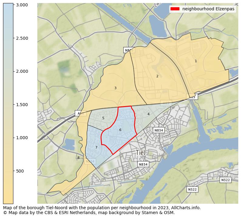 Map of the borough Tiel-Noord with the population per neighbourhood in 2023. This page shows a lot of information about residents (such as the distribution by age groups, family composition, gender, native or Dutch with an immigration background, ...), homes (numbers, types, price development, use, type of property, ...) and more (car ownership, energy consumption, ...) based on open data from the Dutch Central Bureau of Statistics and various other sources!