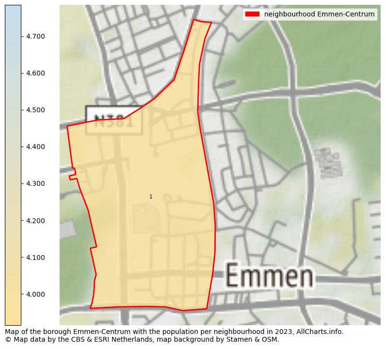 Map of the borough Emmen-Centrum with the population per neighbourhood in 2023. This page shows a lot of information about residents (such as the distribution by age groups, family composition, gender, native or Dutch with an immigration background, ...), homes (numbers, types, price development, use, type of property, ...) and more (car ownership, energy consumption, ...) based on open data from the Dutch Central Bureau of Statistics and various other sources!