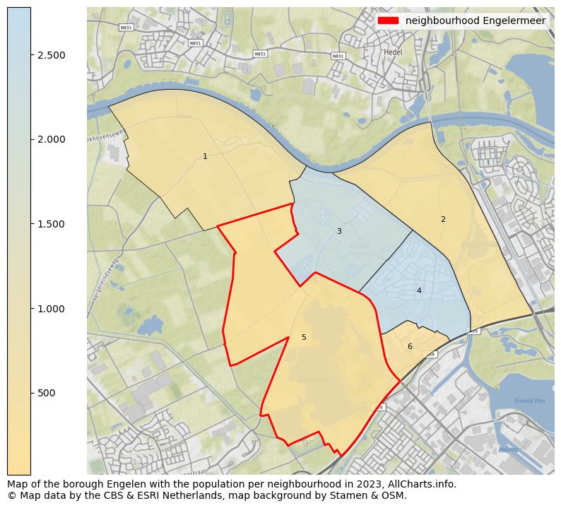 Map of the borough Engelen with the population per neighbourhood in 2023. This page shows a lot of information about residents (such as the distribution by age groups, family composition, gender, native or Dutch with an immigration background, ...), homes (numbers, types, price development, use, type of property, ...) and more (car ownership, energy consumption, ...) based on open data from the Dutch Central Bureau of Statistics and various other sources!