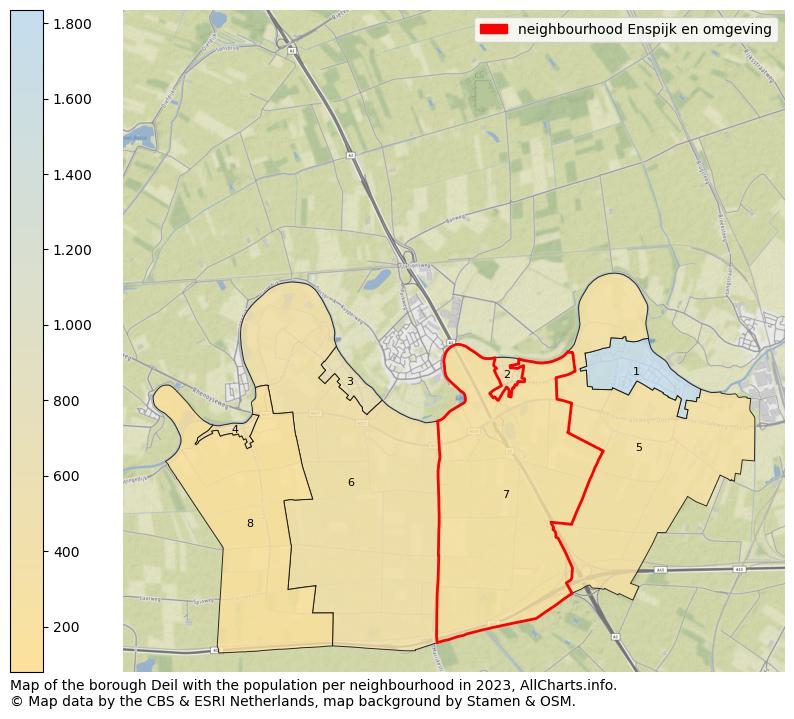 Map of the borough Deil with the population per neighbourhood in 2023. This page shows a lot of information about residents (such as the distribution by age groups, family composition, gender, native or Dutch with an immigration background, ...), homes (numbers, types, price development, use, type of property, ...) and more (car ownership, energy consumption, ...) based on open data from the Dutch Central Bureau of Statistics and various other sources!