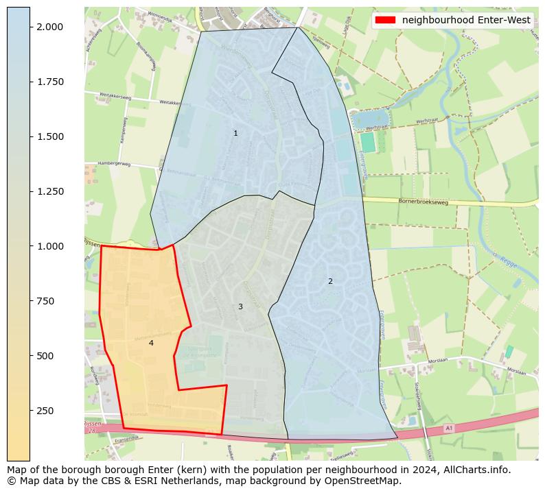 Image of the neighbourhood Enter-West at the map. This image is used as introduction to this page. This page shows a lot of information about the population in the neighbourhood Enter-West (such as the distribution by age groups of the residents, the composition of households, whether inhabitants are natives or Dutch with an immigration background, data about the houses (numbers, types, price development, use, type of property, ...) and more (car ownership, energy consumption, ...) based on open data from the Dutch Central Bureau of Statistics and various other sources!