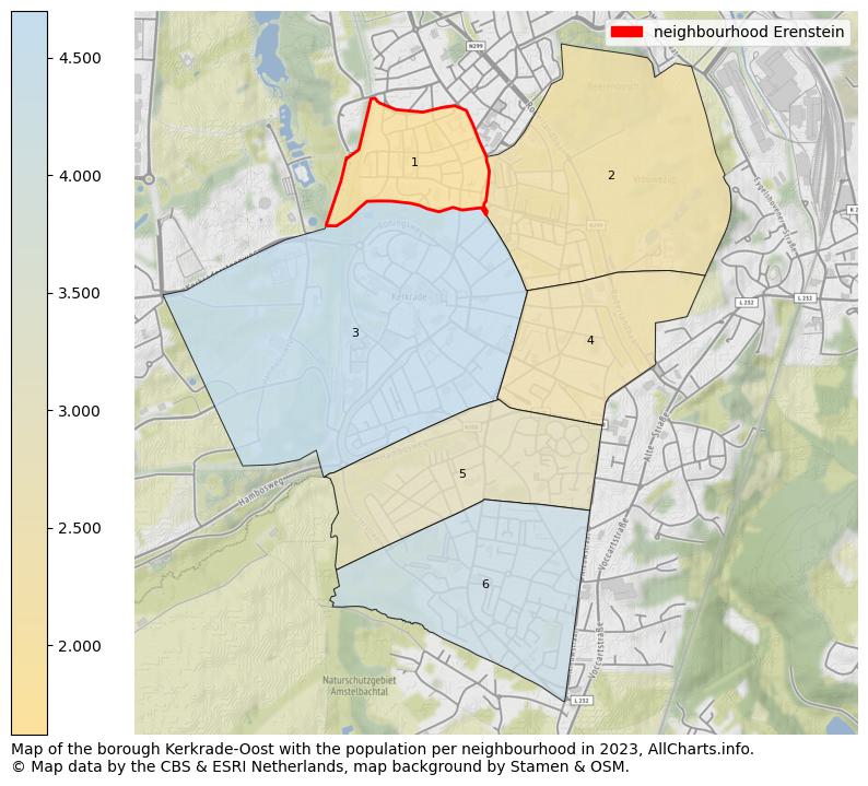 Map of the borough Kerkrade-Oost with the population per neighbourhood in 2023. This page shows a lot of information about residents (such as the distribution by age groups, family composition, gender, native or Dutch with an immigration background, ...), homes (numbers, types, price development, use, type of property, ...) and more (car ownership, energy consumption, ...) based on open data from the Dutch Central Bureau of Statistics and various other sources!