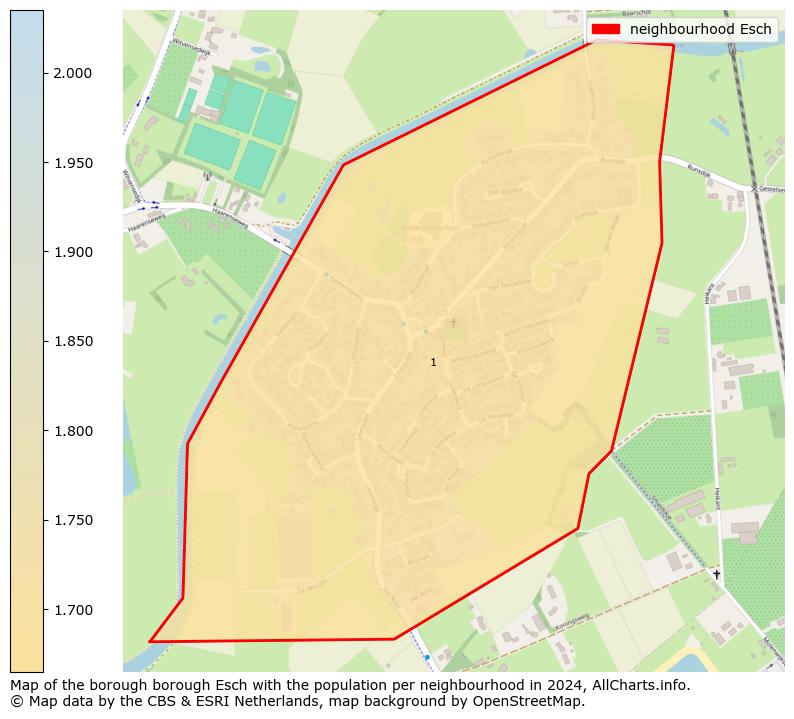 Image of the neighbourhood Esch at the map. This image is used as introduction to this page. This page shows a lot of information about the population in the neighbourhood Esch (such as the distribution by age groups of the residents, the composition of households, whether inhabitants are natives or Dutch with an immigration background, data about the houses (numbers, types, price development, use, type of property, ...) and more (car ownership, energy consumption, ...) based on open data from the Dutch Central Bureau of Statistics and various other sources!