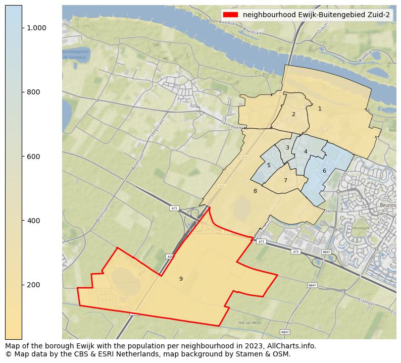 Map of the borough Ewijk with the population per neighbourhood in 2023. This page shows a lot of information about residents (such as the distribution by age groups, family composition, gender, native or Dutch with an immigration background, ...), homes (numbers, types, price development, use, type of property, ...) and more (car ownership, energy consumption, ...) based on open data from the Dutch Central Bureau of Statistics and various other sources!