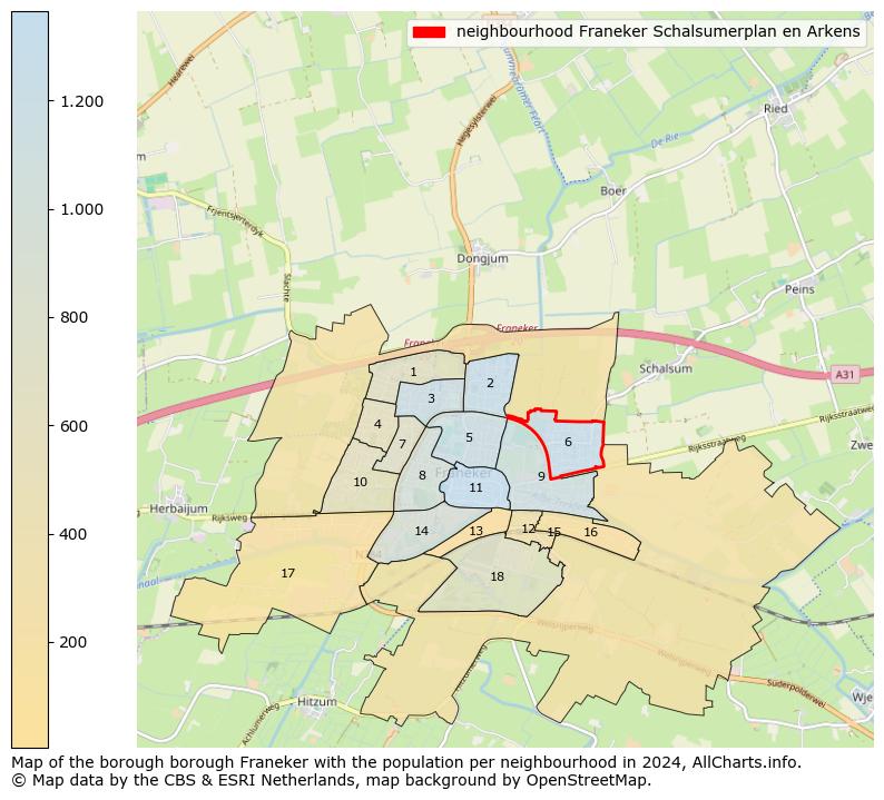 Image of the neighbourhood Franeker Schalsumerplan en Arkens at the map. This image is used as introduction to this page. This page shows a lot of information about the population in the neighbourhood Franeker Schalsumerplan en Arkens (such as the distribution by age groups of the residents, the composition of households, whether inhabitants are natives or Dutch with an immigration background, data about the houses (numbers, types, price development, use, type of property, ...) and more (car ownership, energy consumption, ...) based on open data from the Dutch Central Bureau of Statistics and various other sources!