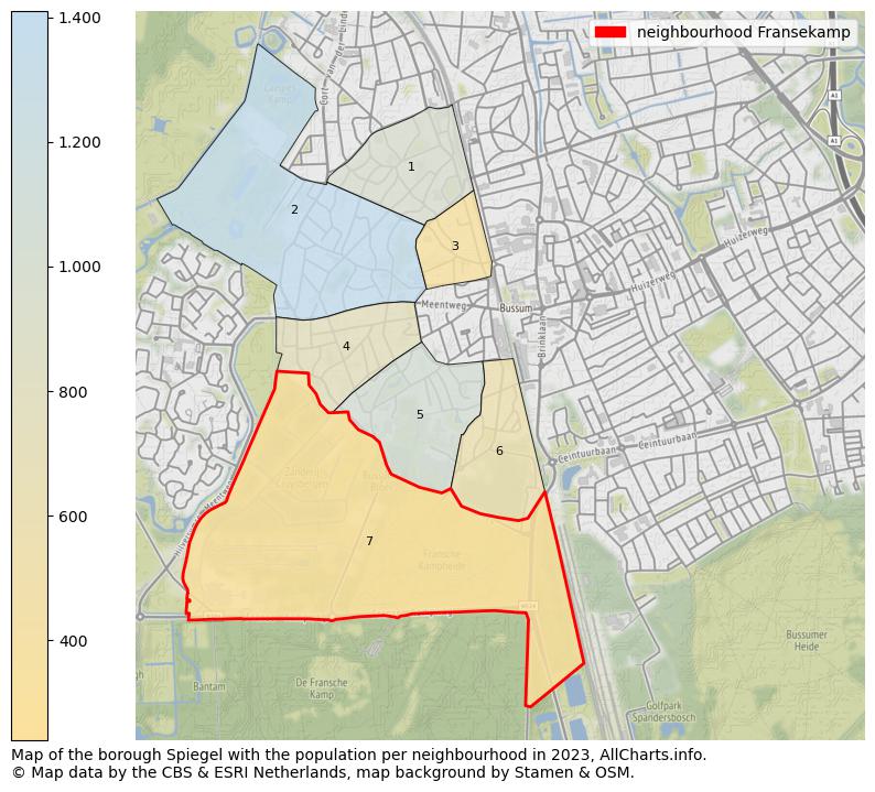 Map of the borough Spiegel with the population per neighbourhood in 2023. This page shows a lot of information about residents (such as the distribution by age groups, family composition, gender, native or Dutch with an immigration background, ...), homes (numbers, types, price development, use, type of property, ...) and more (car ownership, energy consumption, ...) based on open data from the Dutch Central Bureau of Statistics and various other sources!