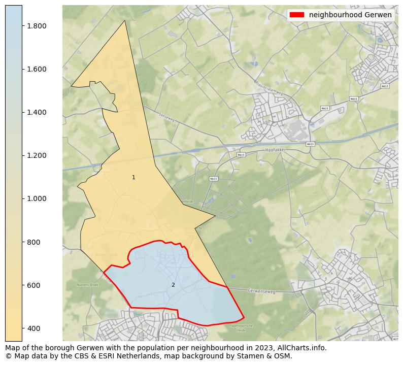 Map of the borough Gerwen with the population per neighbourhood in 2023. This page shows a lot of information about residents (such as the distribution by age groups, family composition, gender, native or Dutch with an immigration background, ...), homes (numbers, types, price development, use, type of property, ...) and more (car ownership, energy consumption, ...) based on open data from the Dutch Central Bureau of Statistics and various other sources!