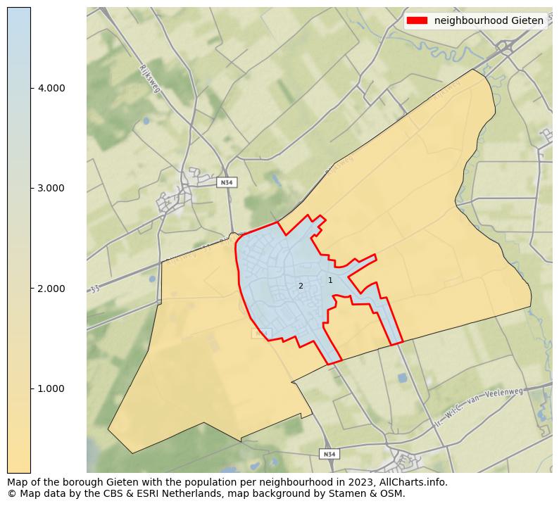 Map of the borough Gieten with the population per neighbourhood in 2023. This page shows a lot of information about residents (such as the distribution by age groups, family composition, gender, native or Dutch with an immigration background, ...), homes (numbers, types, price development, use, type of property, ...) and more (car ownership, energy consumption, ...) based on open data from the Dutch Central Bureau of Statistics and various other sources!