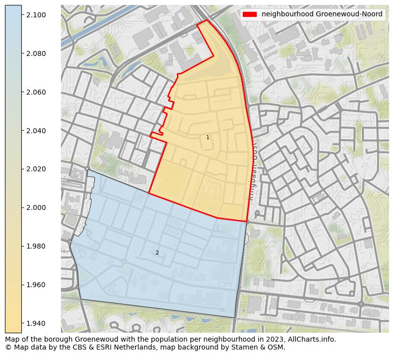Map of the borough Groenewoud with the population per neighbourhood in 2023. This page shows a lot of information about residents (such as the distribution by age groups, family composition, gender, native or Dutch with an immigration background, ...), homes (numbers, types, price development, use, type of property, ...) and more (car ownership, energy consumption, ...) based on open data from the Dutch Central Bureau of Statistics and various other sources!