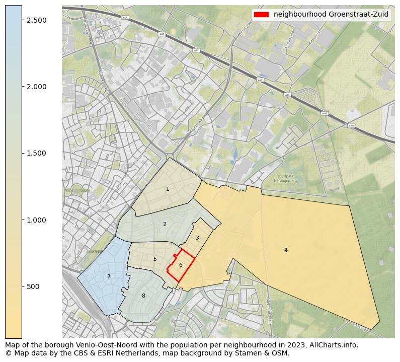 Map of the borough Venlo-Oost-Noord with the population per neighbourhood in 2023. This page shows a lot of information about residents (such as the distribution by age groups, family composition, gender, native or Dutch with an immigration background, ...), homes (numbers, types, price development, use, type of property, ...) and more (car ownership, energy consumption, ...) based on open data from the Dutch Central Bureau of Statistics and various other sources!