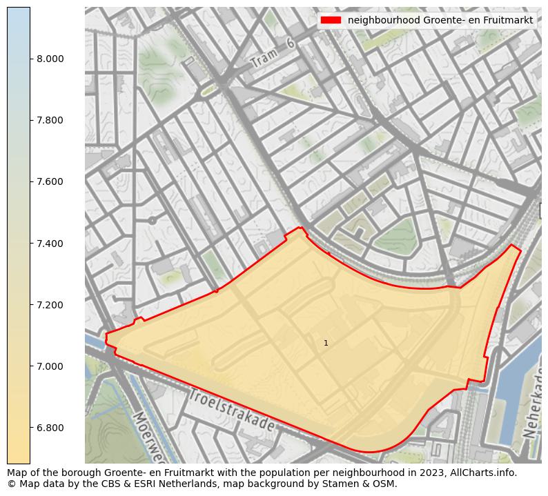 Map of the borough Groente- en Fruitmarkt with the population per neighbourhood in 2023. This page shows a lot of information about residents (such as the distribution by age groups, family composition, gender, native or Dutch with an immigration background, ...), homes (numbers, types, price development, use, type of property, ...) and more (car ownership, energy consumption, ...) based on open data from the Dutch Central Bureau of Statistics and various other sources!
