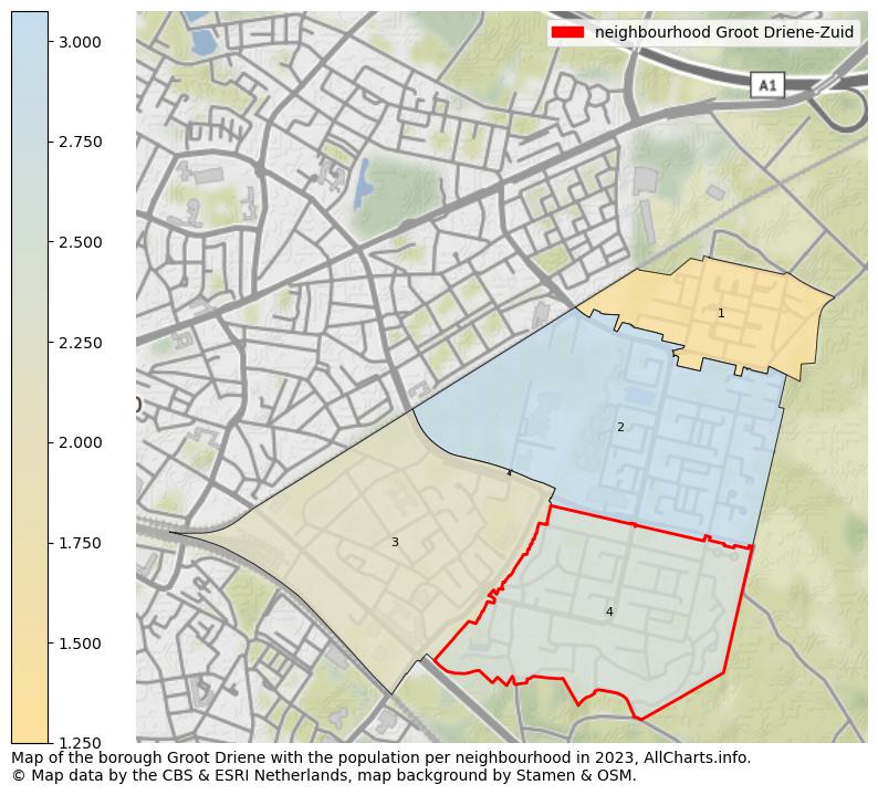 Map of the borough Groot Driene with the population per neighbourhood in 2023. This page shows a lot of information about residents (such as the distribution by age groups, family composition, gender, native or Dutch with an immigration background, ...), homes (numbers, types, price development, use, type of property, ...) and more (car ownership, energy consumption, ...) based on open data from the Dutch Central Bureau of Statistics and various other sources!