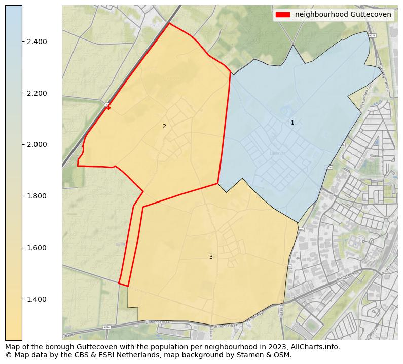 Map of the borough Guttecoven with the population per neighbourhood in 2023. This page shows a lot of information about residents (such as the distribution by age groups, family composition, gender, native or Dutch with an immigration background, ...), homes (numbers, types, price development, use, type of property, ...) and more (car ownership, energy consumption, ...) based on open data from the Dutch Central Bureau of Statistics and various other sources!
