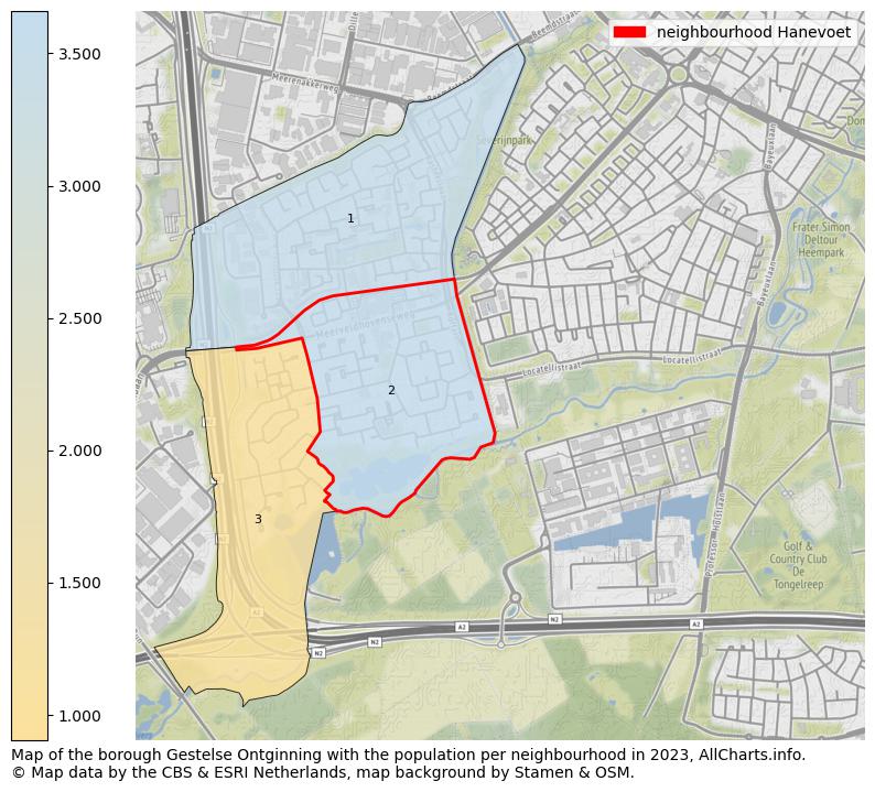Map of the borough Gestelse Ontginning with the population per neighbourhood in 2023. This page shows a lot of information about residents (such as the distribution by age groups, family composition, gender, native or Dutch with an immigration background, ...), homes (numbers, types, price development, use, type of property, ...) and more (car ownership, energy consumption, ...) based on open data from the Dutch Central Bureau of Statistics and various other sources!