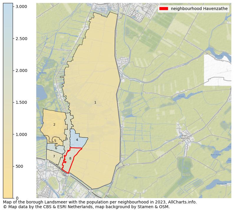 Map of the borough Landsmeer with the population per neighbourhood in 2023. This page shows a lot of information about residents (such as the distribution by age groups, family composition, gender, native or Dutch with an immigration background, ...), homes (numbers, types, price development, use, type of property, ...) and more (car ownership, energy consumption, ...) based on open data from the Dutch Central Bureau of Statistics and various other sources!