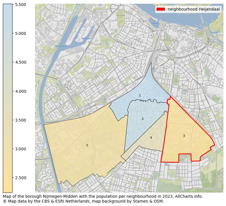 Map of the borough Nijmegen-Midden with the population per neighbourhood in 2023. This page shows a lot of information about residents (such as the distribution by age groups, family composition, gender, native or Dutch with an immigration background, ...), homes (numbers, types, price development, use, type of property, ...) and more (car ownership, energy consumption, ...) based on open data from the Dutch Central Bureau of Statistics and various other sources!