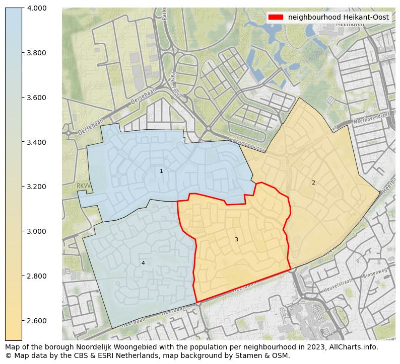 Map of the borough Noordelijk Woongebied with the population per neighbourhood in 2023. This page shows a lot of information about residents (such as the distribution by age groups, family composition, gender, native or Dutch with an immigration background, ...), homes (numbers, types, price development, use, type of property, ...) and more (car ownership, energy consumption, ...) based on open data from the Dutch Central Bureau of Statistics and various other sources!