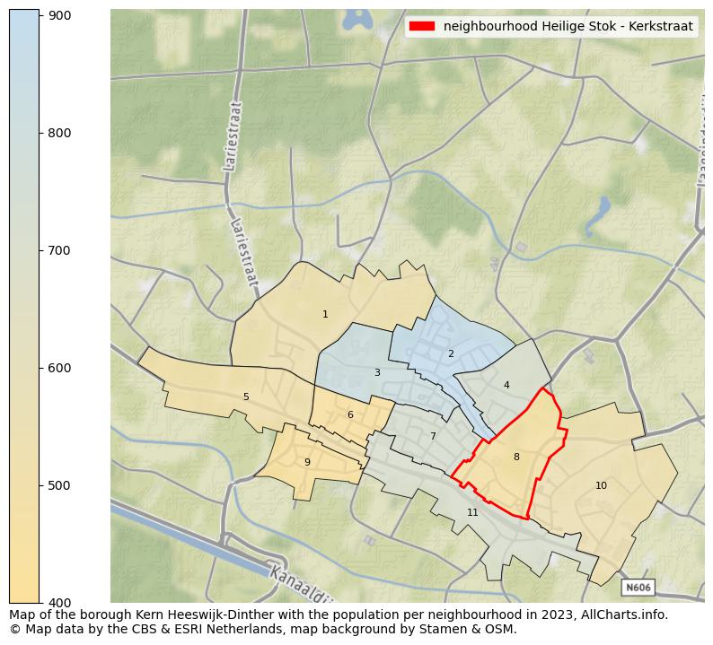Map of the borough Kern Heeswijk-Dinther with the population per neighbourhood in 2023. This page shows a lot of information about residents (such as the distribution by age groups, family composition, gender, native or Dutch with an immigration background, ...), homes (numbers, types, price development, use, type of property, ...) and more (car ownership, energy consumption, ...) based on open data from the Dutch Central Bureau of Statistics and various other sources!