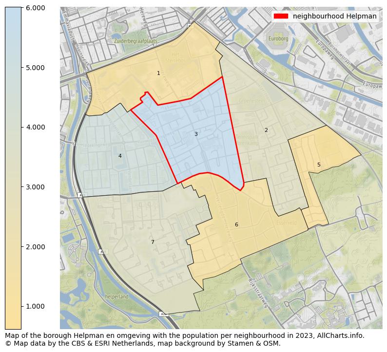 Map of the borough Helpman en omgeving with the population per neighbourhood in 2023. This page shows a lot of information about residents (such as the distribution by age groups, family composition, gender, native or Dutch with an immigration background, ...), homes (numbers, types, price development, use, type of property, ...) and more (car ownership, energy consumption, ...) based on open data from the Dutch Central Bureau of Statistics and various other sources!