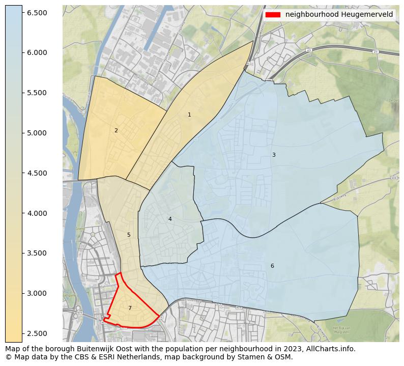 Map of the borough Buitenwijk Oost with the population per neighbourhood in 2023. This page shows a lot of information about residents (such as the distribution by age groups, family composition, gender, native or Dutch with an immigration background, ...), homes (numbers, types, price development, use, type of property, ...) and more (car ownership, energy consumption, ...) based on open data from the Dutch Central Bureau of Statistics and various other sources!