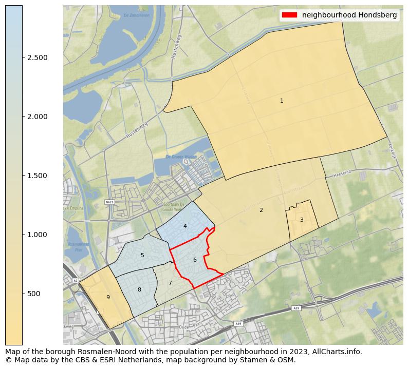 Map of the borough Rosmalen-Noord with the population per neighbourhood in 2022. This page shows a lot of information about residents (such as the distribution by age groups, family composition, gender, native or Dutch with an immigration background, ...), homes (numbers, types, price development, use, type of property, ...) and more (car ownership, energy consumption, ...) based on open data from the Dutch Central Bureau of Statistics and various other sources!