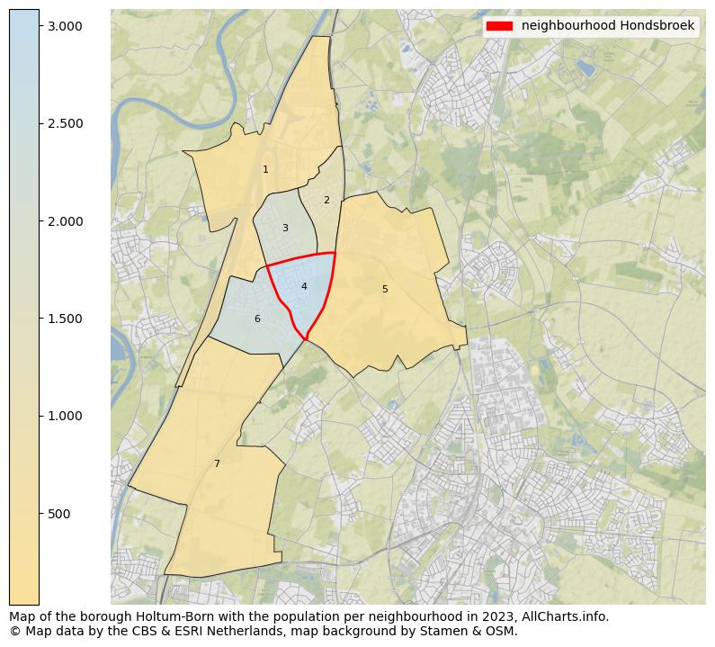 Map of the borough Holtum-Born with the population per neighbourhood in 2023. This page shows a lot of information about residents (such as the distribution by age groups, family composition, gender, native or Dutch with an immigration background, ...), homes (numbers, types, price development, use, type of property, ...) and more (car ownership, energy consumption, ...) based on open data from the Dutch Central Bureau of Statistics and various other sources!